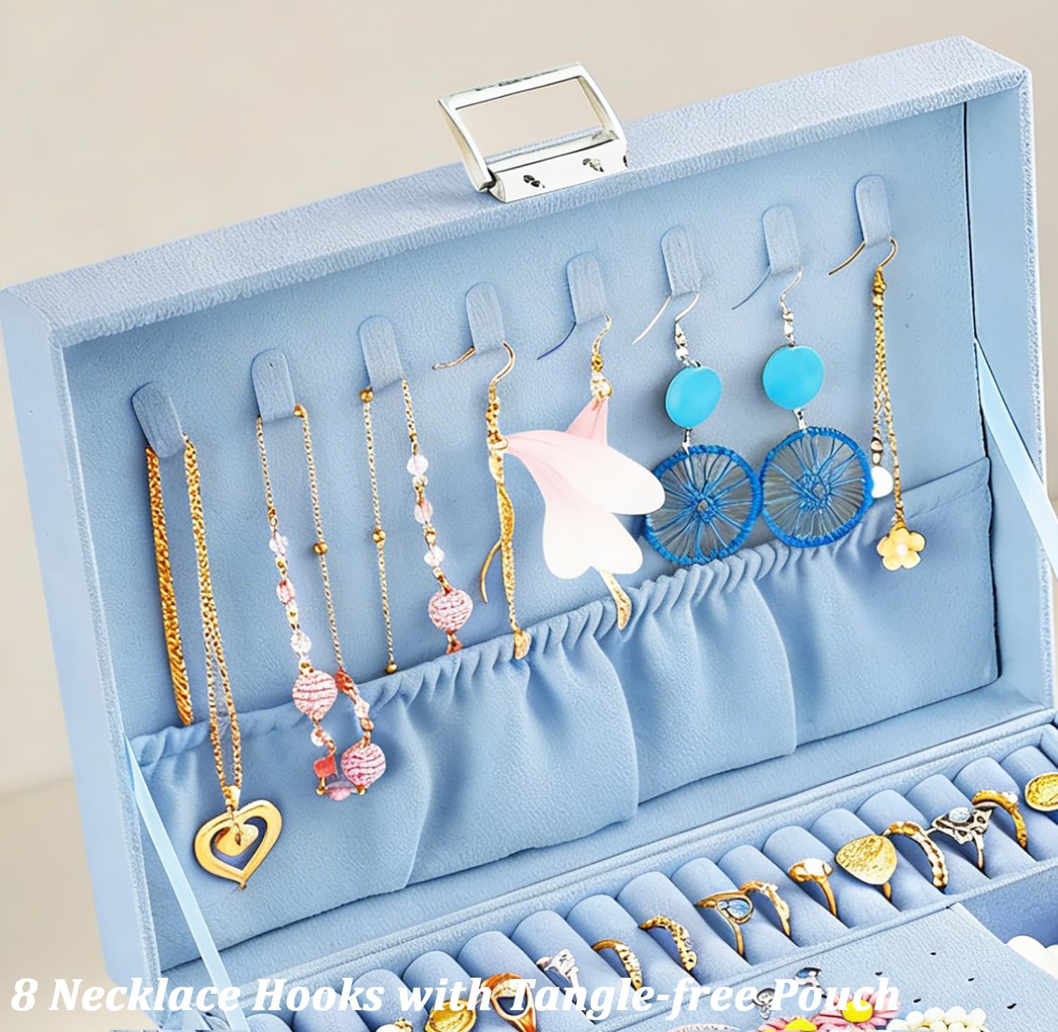 QBestry 3-Layer Jewelry Box for Girls & Teens with Lock and Key, Large Jewelry Organizer with 8 Necklace Hooks & 56 Earring Holes, Blue Velvet Jewelry Storage Box for Necklaces Earrings Rings Bracelet image 5