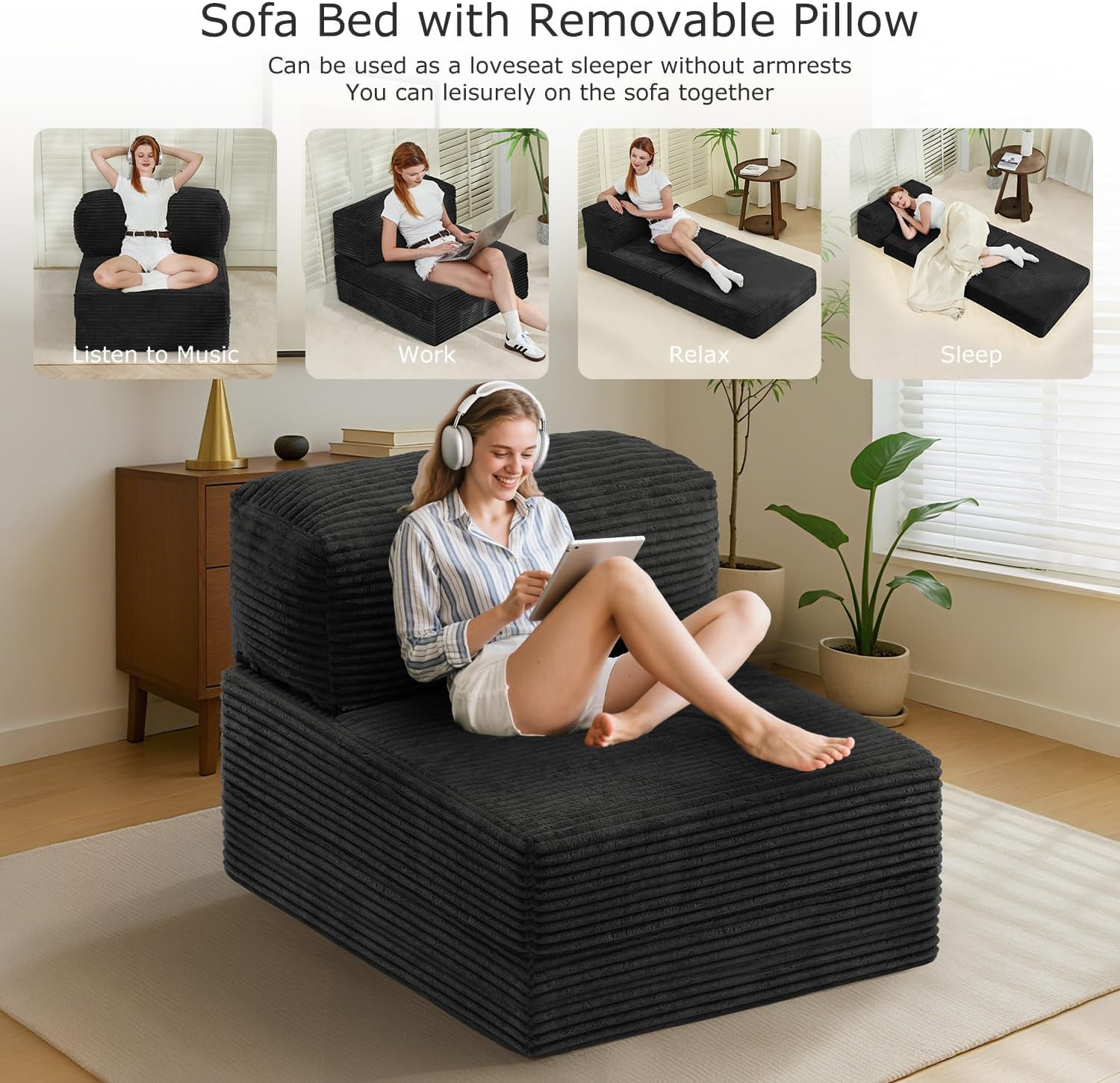 Folding Sofa Bed, Convertible Sleeper Chair Foldable Mattress with Back Support, Comfy Floor Couch Sofa Lounge for Living Room Bedroom, Black, Single