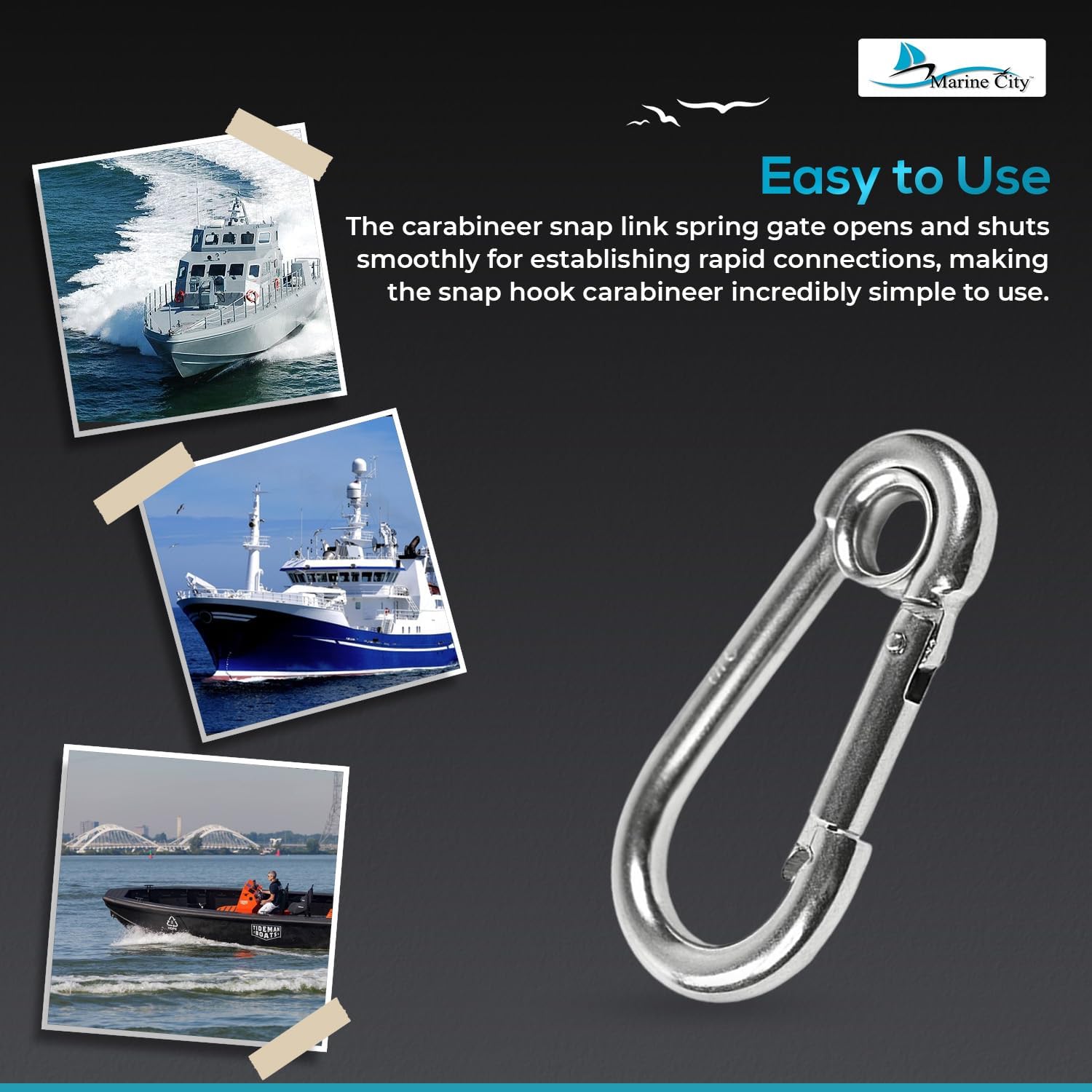 MARINE CITY Carabiner Clip Snap Hook 316 Stainless Steel Clips Ideal for Fishing Boating Sailing & Camping