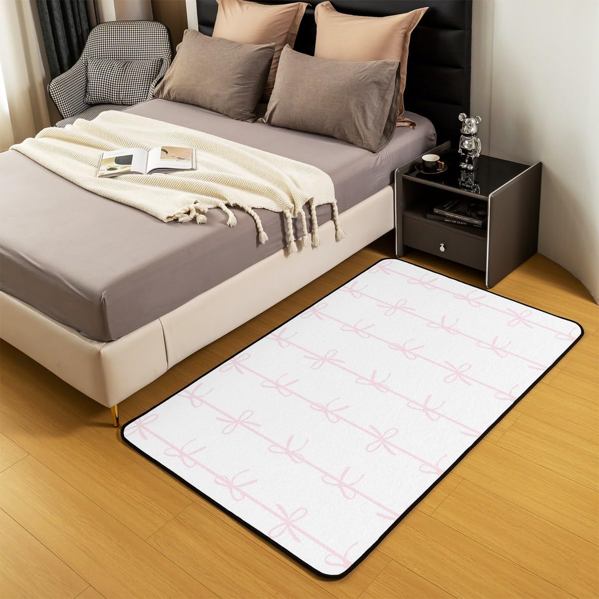 Homewish Dywan z kokardą 100 x 150 cm do sypialni - różowe kokardki w paski dywany salon dla dziewcząt dzieci nastolatków | geometryczna wstążka z muszką nie gubi włosia dywan marzycielska księżniczka
