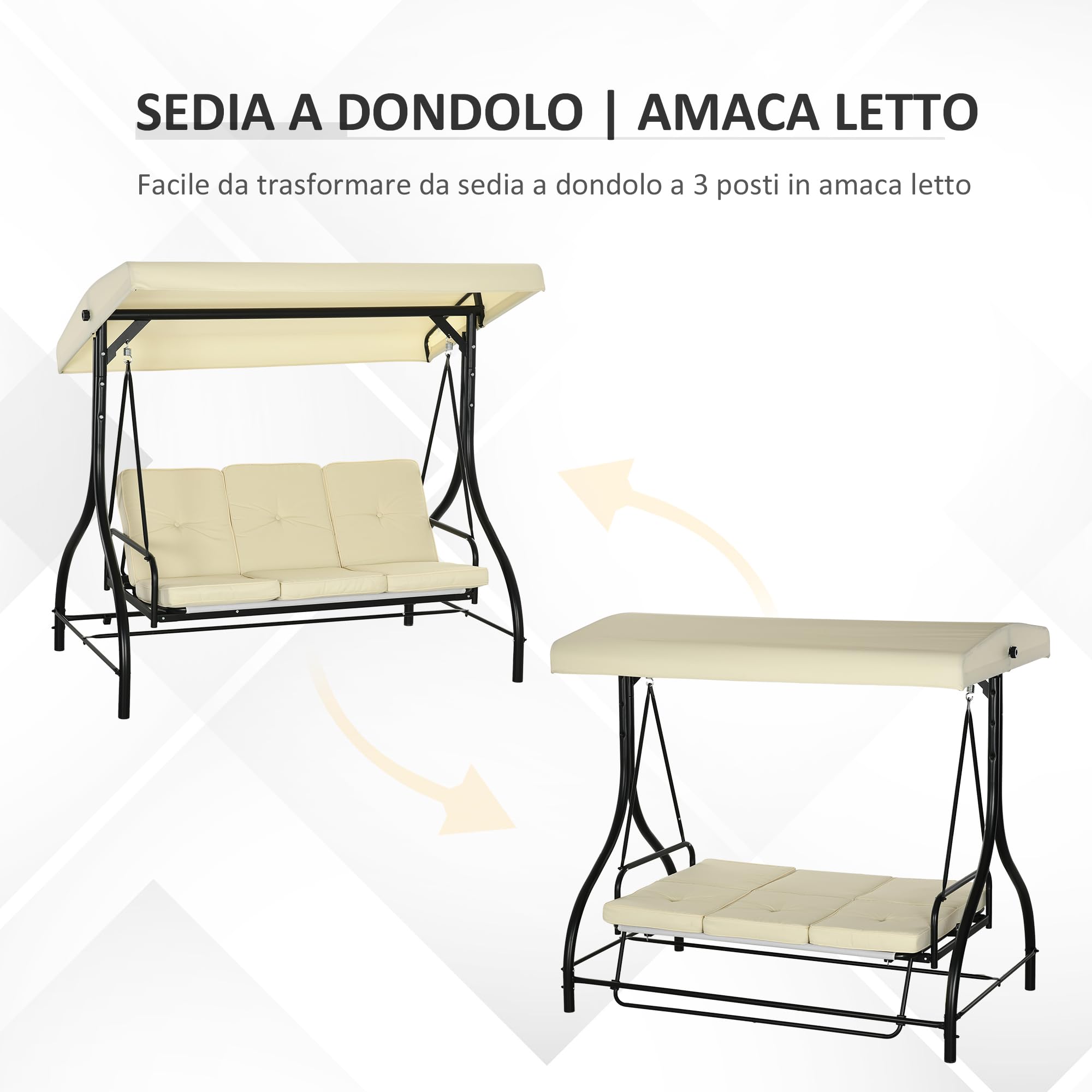 Outsunny Dondolo da Giardino 3 Posti, Dondolo Letto per Esterni con Tettuccio Regolabile, in Metallo e tessuto Teslin, Beige e Nero