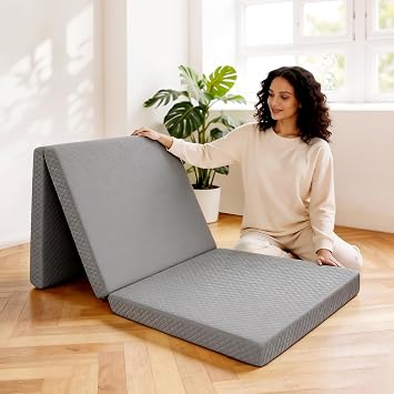 Tri-Folding Mattress, 3 Inch Portable Folding Mattress Topper with a Collapsible and Washable Cover, Portable Floor Bed for Travel, Fold Up Guest Bed, Camping and Yoga Single, Gray