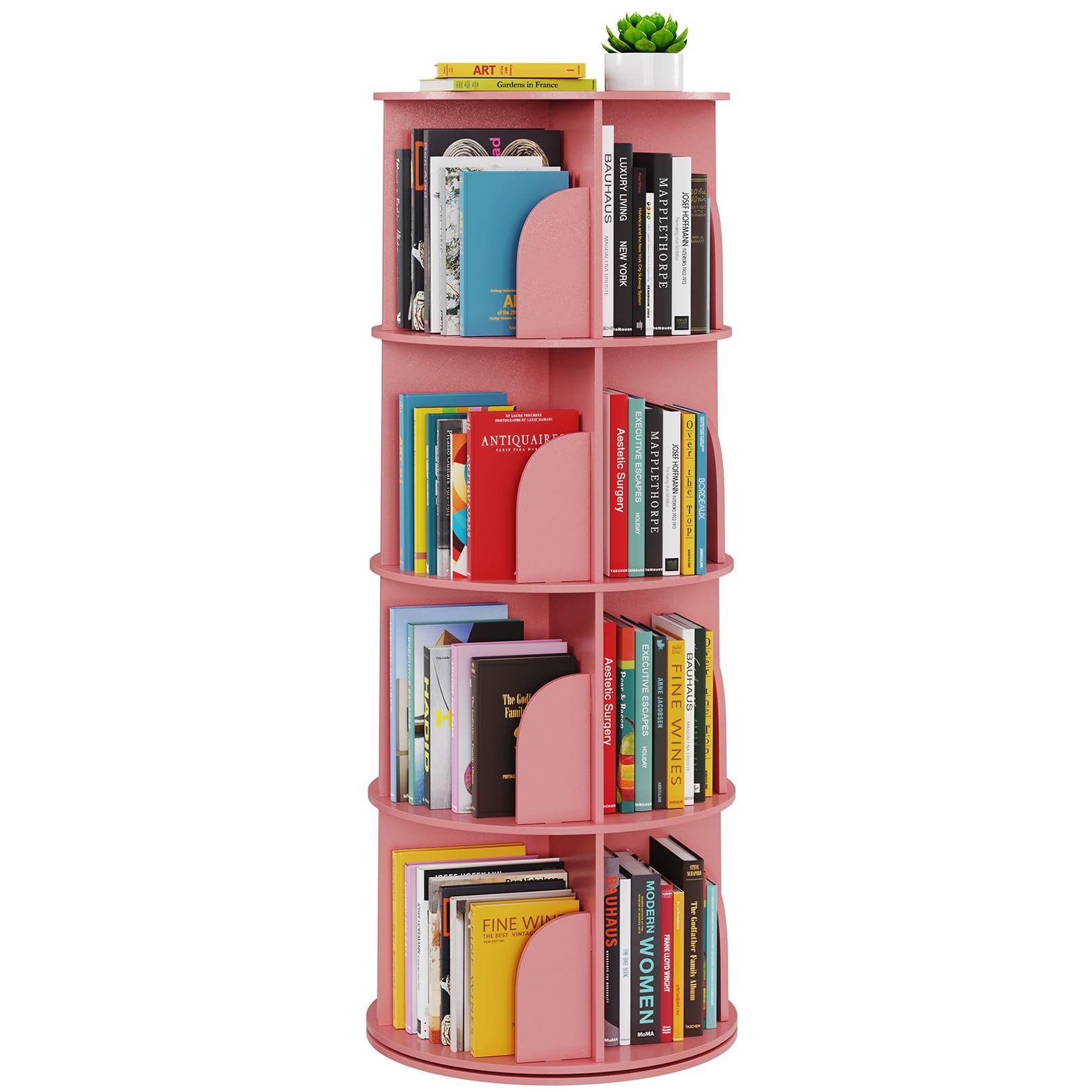 SpaceAid 4 Tier Rotating Bookshelf Tower, Spinning Bookcase Lazy Susan, Revolving 360 Book Shelf Storage Round Carousel, Vertical Rotate Turning Spiral Corner Organizer, Pink