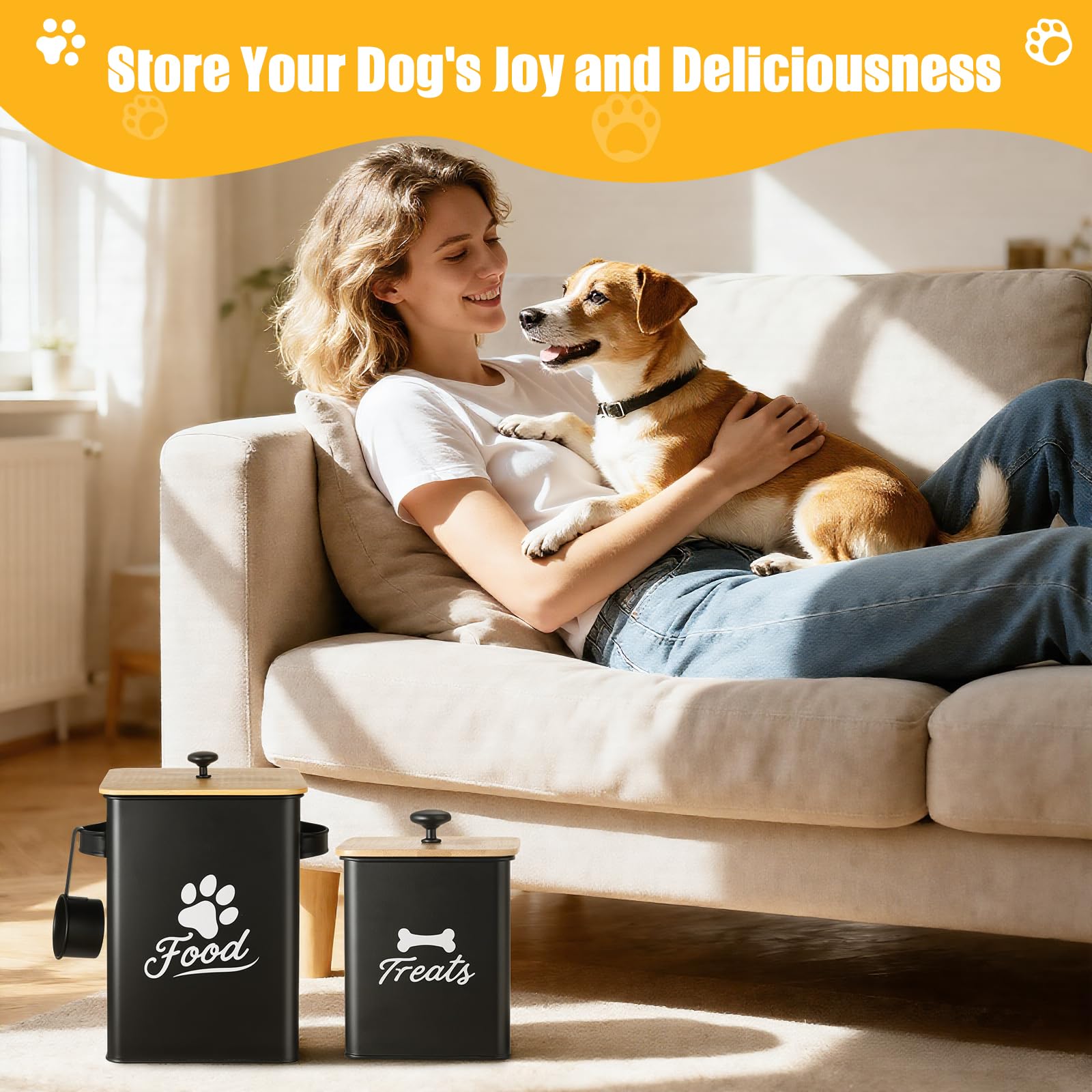 Contenitori per Biscotti per Cani Set da 2, Barattoli in Metallo con Coperchi Ermetici, Contenitore per Alimenti per Animali da Cucina, Mantenimento Freschezza Snack, 24×18×24,5 cm, Nero