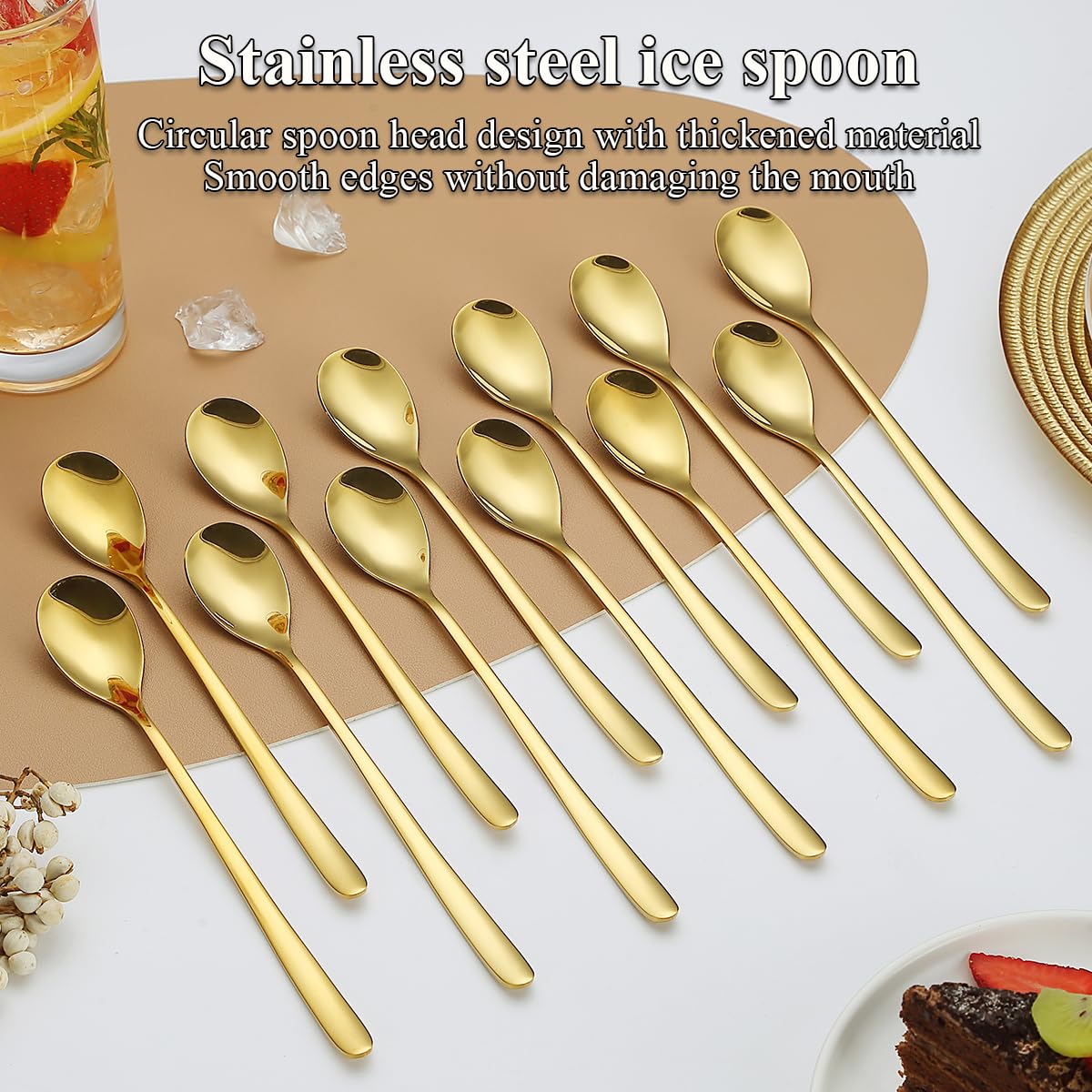 12 Cuillères à Thé Glacées Evanda En Inox - Long Manche, Finition Or, Pour Cocktails, Glaces Et Boissons Froides