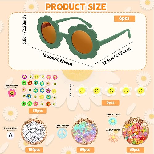 Miniatura 2 de Gafas de sol redondas de flores para niños, lindo juego de lentes de sol de flores, cuentas de letras, margaritas, carita sonriente, flor y signo de