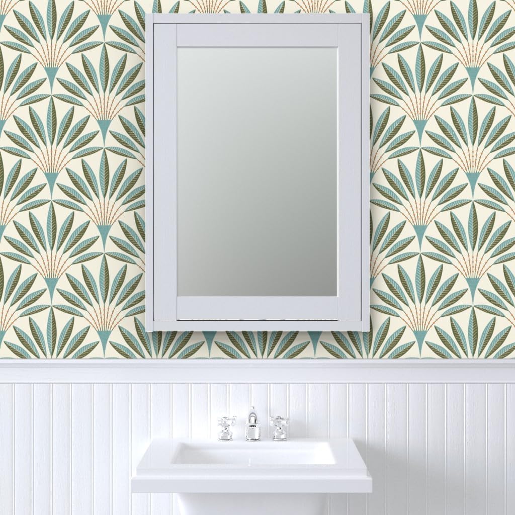 Spoonflower Commercial Grade Wallpaper Swatch - Modern Geometric Teal Green Orange Bold Linen Texture Retro Scallop Fans Traditional Wallpaper