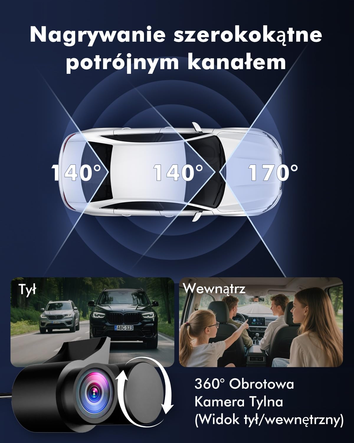 3-Kanałowa Kamera Samochodowa, 4K UHD Z przodu + Full HD Z tyłu + Wnętrze, Kamera samochodowa z 24-godzinnym trybem parkingowym, WiFi 6 i GPS, Dashcam IPS 3 cale z kartą 64 GB (V1)