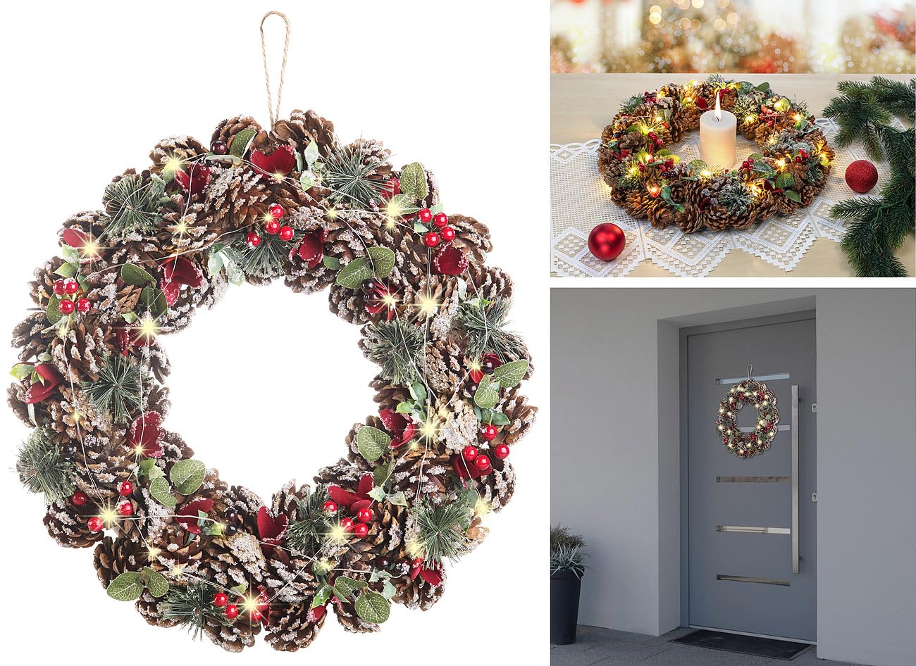 infactory Kranz: Advents- und Weihnachtskranz mit LED-Beleuchtung, rot/grün, Ø 44 cm (LED Adventskranz, Türkranz Weihnachten, außen)