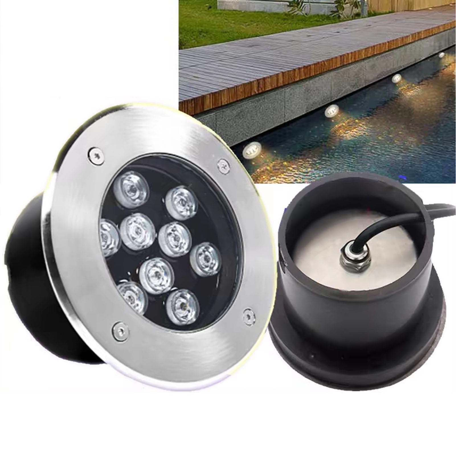 Luces Led para Estanque Sumergibles Empotrables Ip68 para Exteriores Jardín Fiesta Fuente 24 V Acero Inoxidable Foco Amarillo De 12W Blanco De 9W