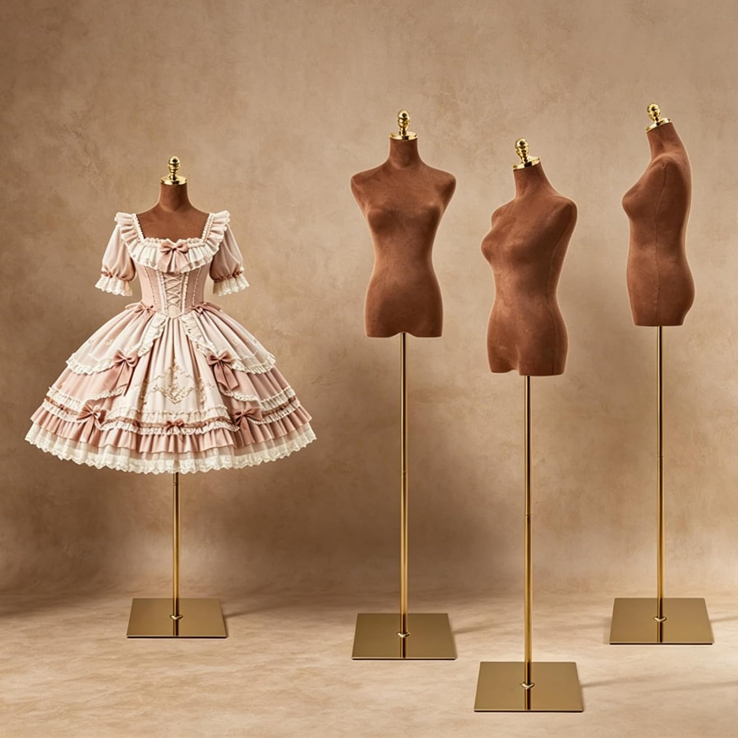 Mannequin Torso, Non-Pinnable Plastic Dress Form with Velvet Cover, Pin-Friendly for Clothing Display, Height Adjustable with Golden Stand, for Retail, Boutiques, Sewing Room (Brown, Female)