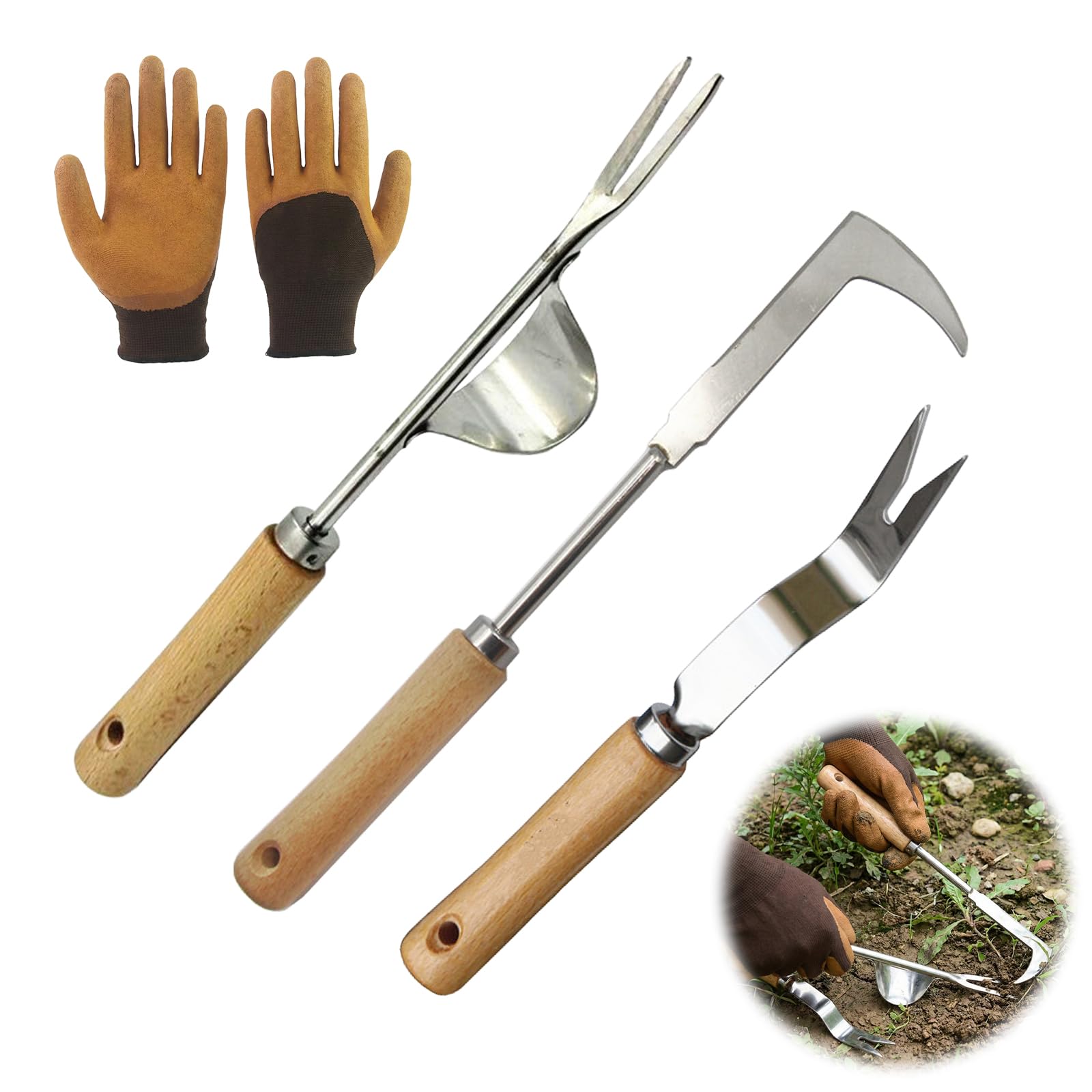 Vrexziy Uprooting Weeding Tool, 3Pcs Weed Remover Tool Set, Garden Weeding Tools Portable Weed Pulling Tools Set with Gloves for Garden Weeding Transplanting and Soil Loosening