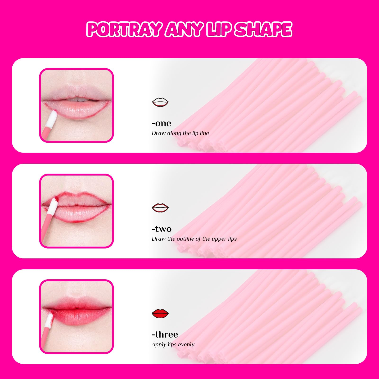 monouso Pennelli per labbra, 200 pezzi di applicatori per labbra, pennello applicatore per rossetto pennello per lucidalabbra e correttore strumenti di trucco per labbra e occhi (Rosso Rosa)
