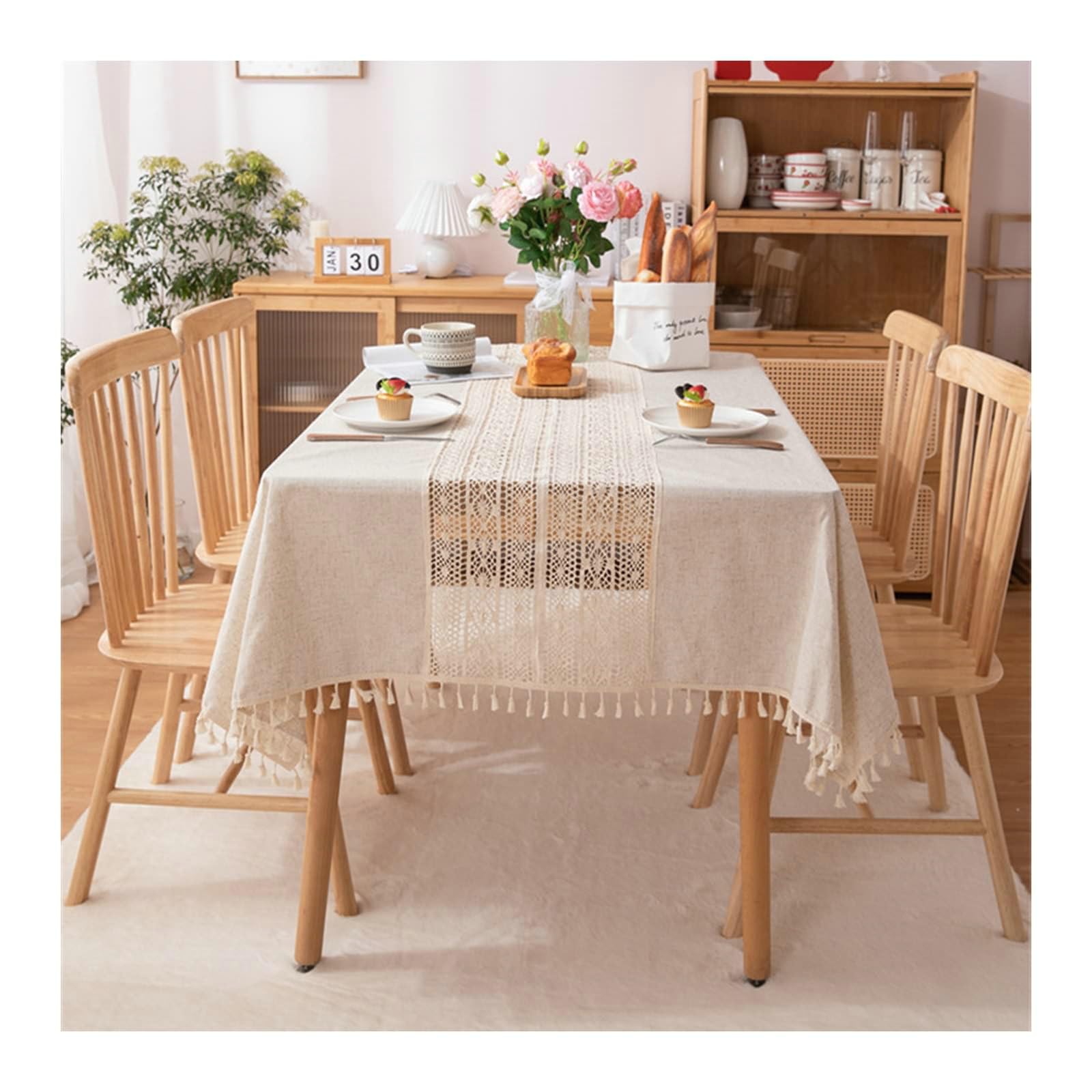 Gualiy Mantel Cocina Rectangular, Poliéster Mantel de Mesa Cocina 140x240CM Mantel Cocina Lavable Hueco con Borlas Mantel para Mesa de Sofa, Beige