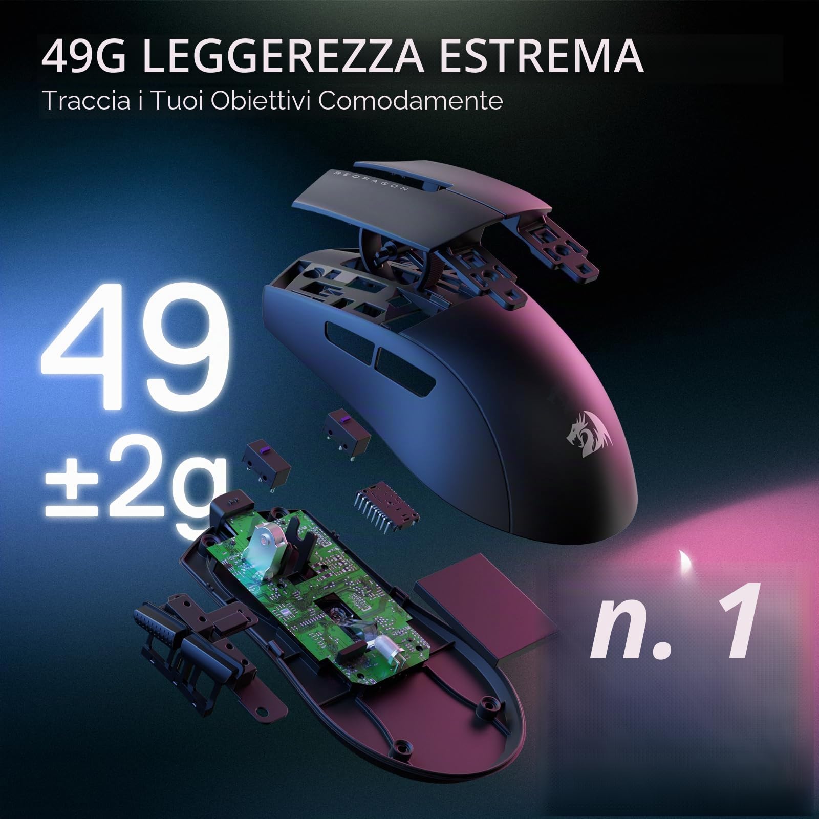 Redragon M916 PRO Mouse Gaming 3 Modalità Ultra Leggero | 49g 26000 DPI polling 4K ergonomico tutti tasti macro completamente riprogrammabili