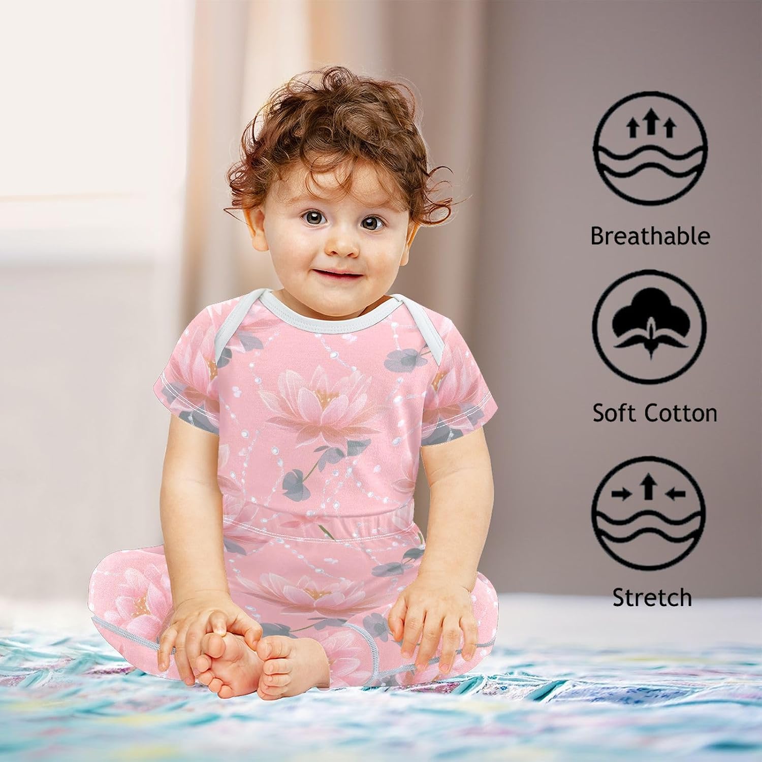vvfelixl Baby Clothes Pink Lotus Pearls Baby Bodysuits Set Unisex Short Sleeve Babys Pants Sets 0-3M