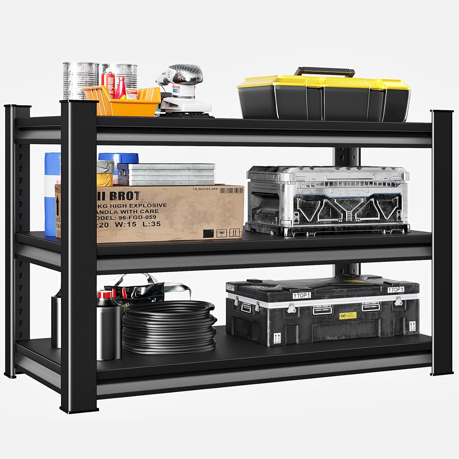 3-Tier Garage Shelving Heavy Duty,40”W x 16”D x 36”H Metal Shelving Unit，1500 lbs Weight Capacity Adjustable Storage Shelves for Aquariums, Pantry, Garage，Black