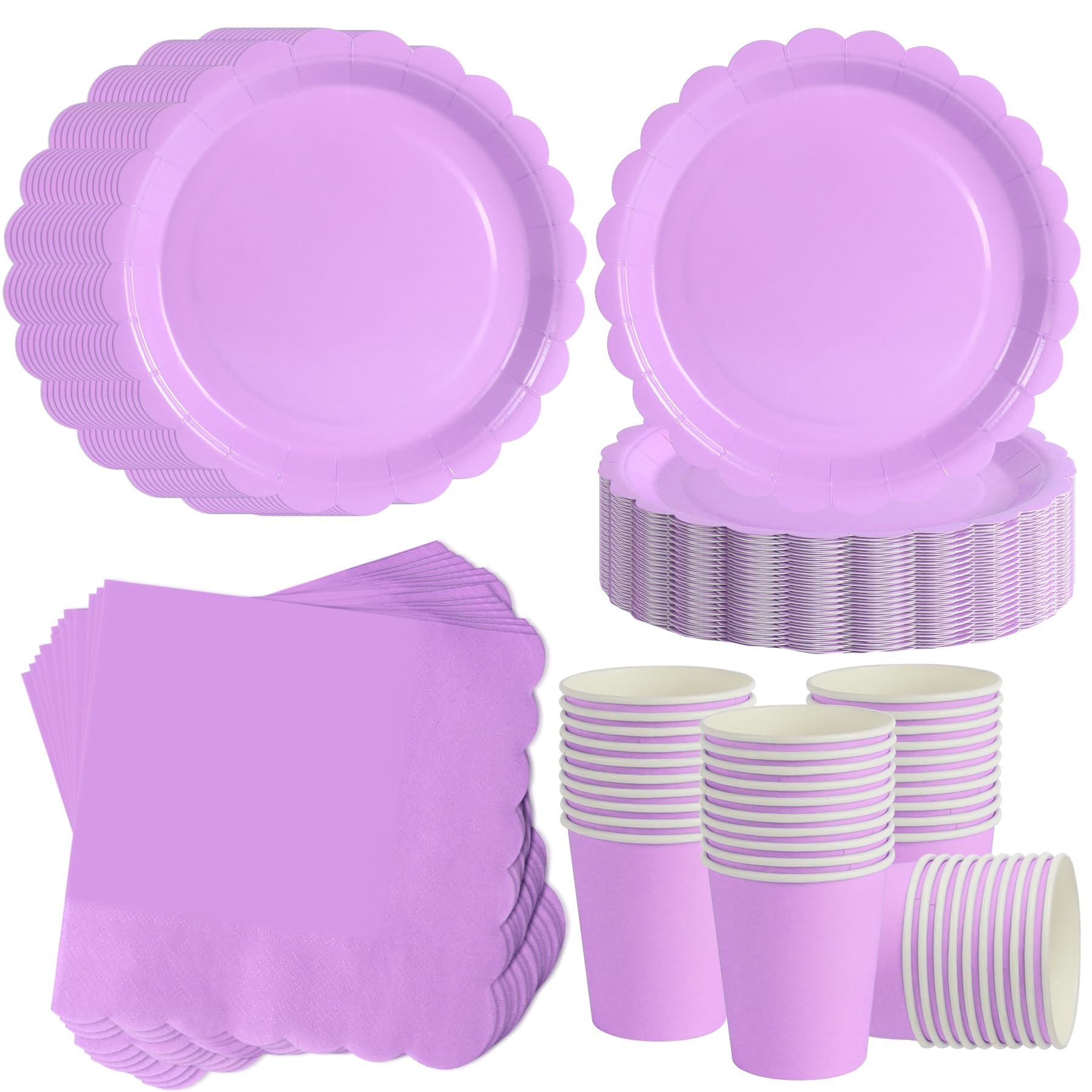 ZblPyro Lilac Party Tableware Set for 40 Guests | A Set of 120 pcs Includes 7inch Scalloped Paper Plates, Cups & Napkins | Baby Shower for Girl, Spring Wedding & Christening
