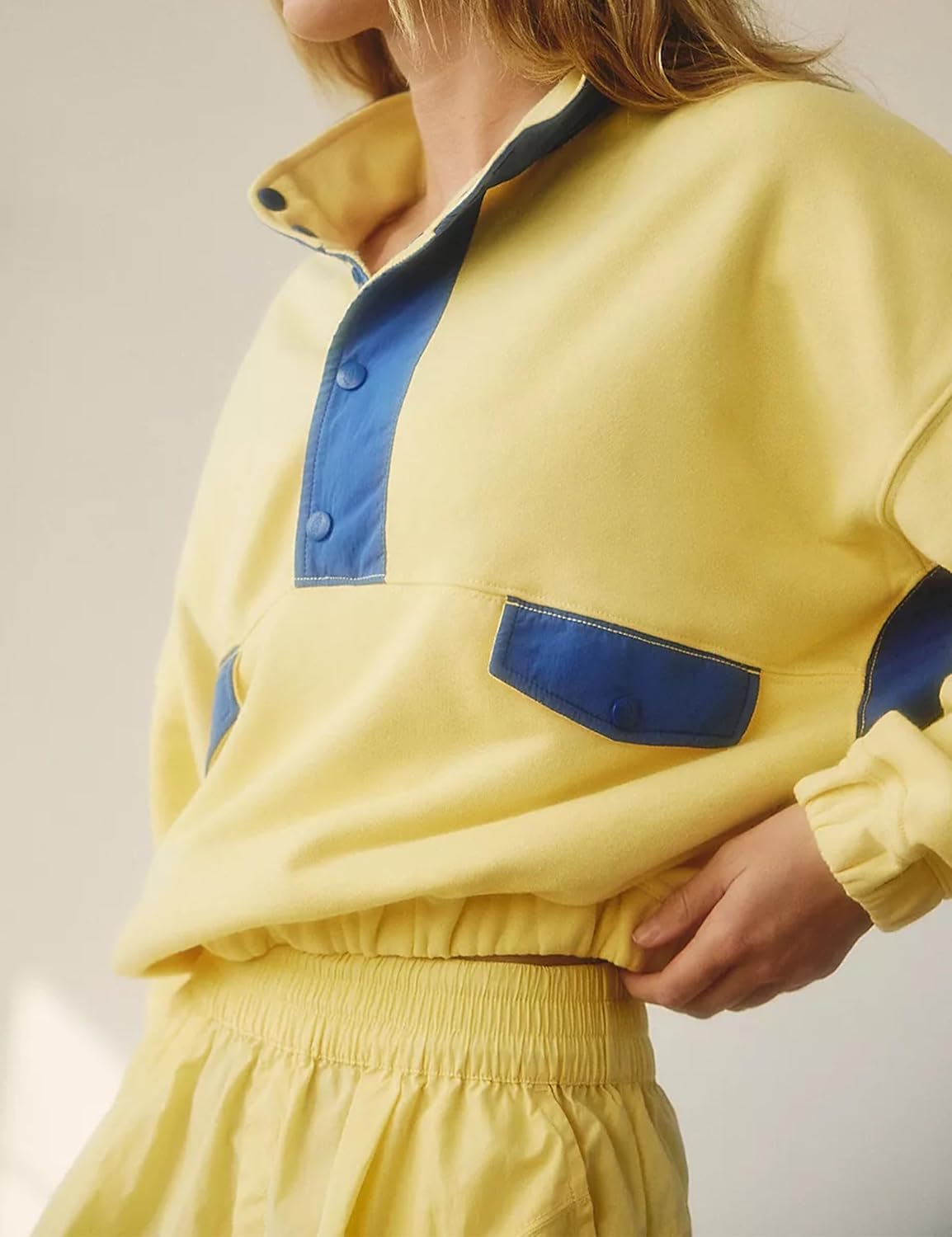 Womens 2 Piece Short Sets Loose Color Block Sweatshirt Short Set and Summer Long Sleeve Pullover Tracksuit with Pocket - Image 3