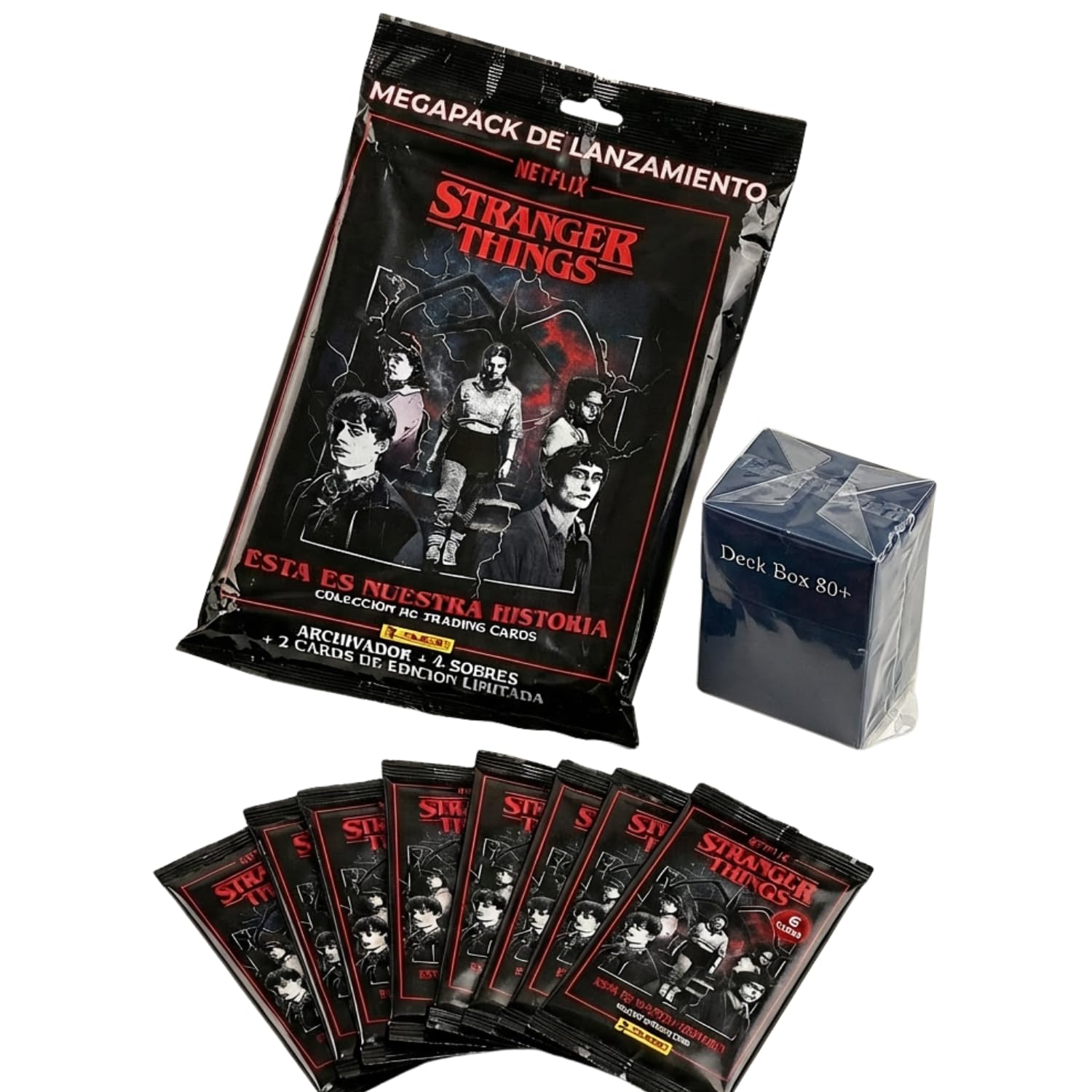 Panini Stranger Things Megapack de Lanzamiento, Colección HC Trading Cards, con 8 Sobres Extra y Deckbox 80 para Guardar los cromos repetidos