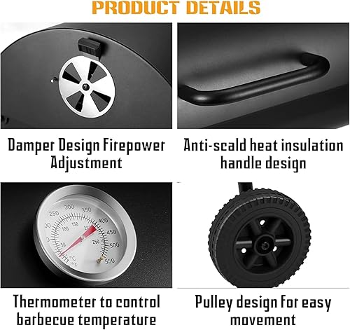 Miniatura 6 de Barbacoa de carbón, Barbacoa de barril portátil con rejilla de calentamiento, rejillas de ventilación y ruedas, parrilla de barbacoa de carbón de