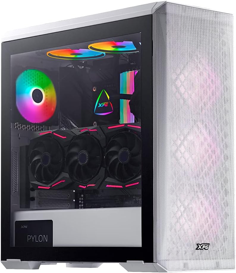 XPG Defender PC Case, white, with tempered glass side panel and mesh front panel, showcasing internal components and RGB fans.