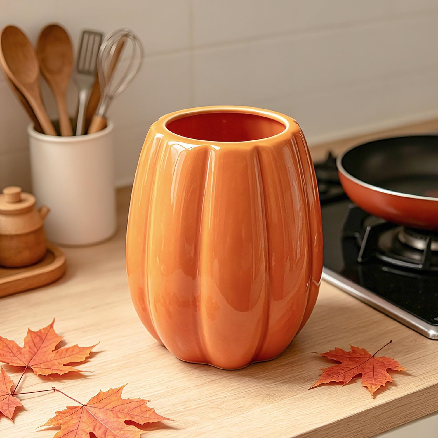 pinata Fall Kitchen Decor, Ceramic Fall Pumpkin Utensil Holder image 4