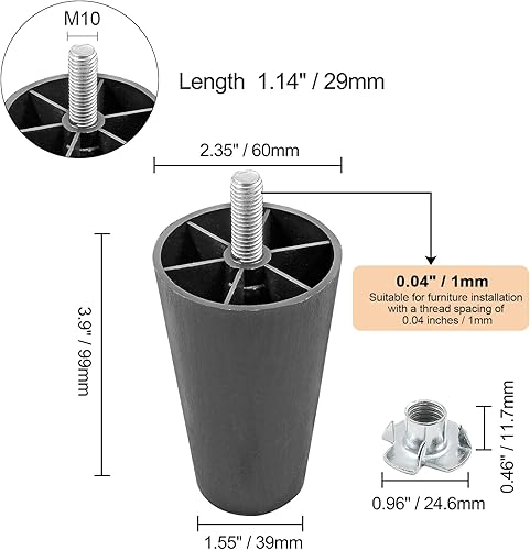 Miniatura 4 de 4 patas de sofá negras, patas cónicas de muebles de 4 pulgadas, patas de sofá de plástico con pernos de suspensión M8 para sofá, tocador, armario,