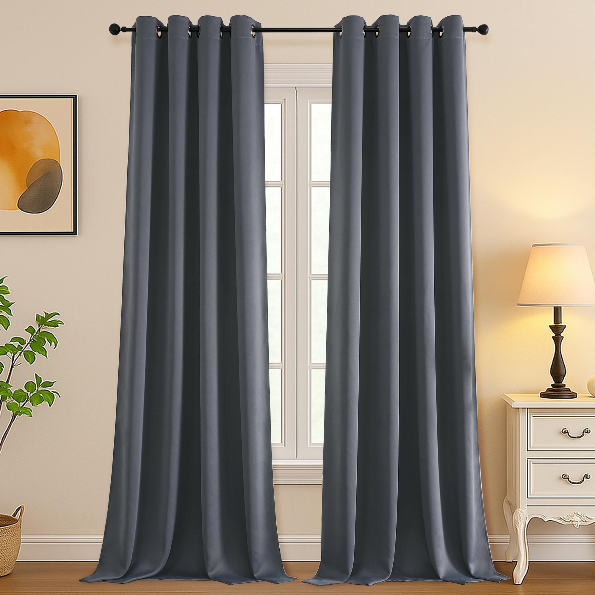 Simplebrand Grey Room Darkening Curtains for Bedroom Living Room 108 Inches Long 2 Panels Set, Thermal Insulated Curtains &amp; Drapes, Solid Grommet Noise Reducing Window Treatment, W50 x L108 Inch