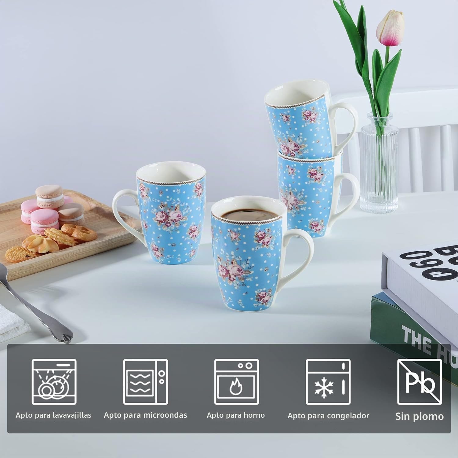 fanquare 350ml Juego de Tazas de Café de Porcelana Floral con Asa, Grande Tazas de Té Azul y Blanca, Juego de 4