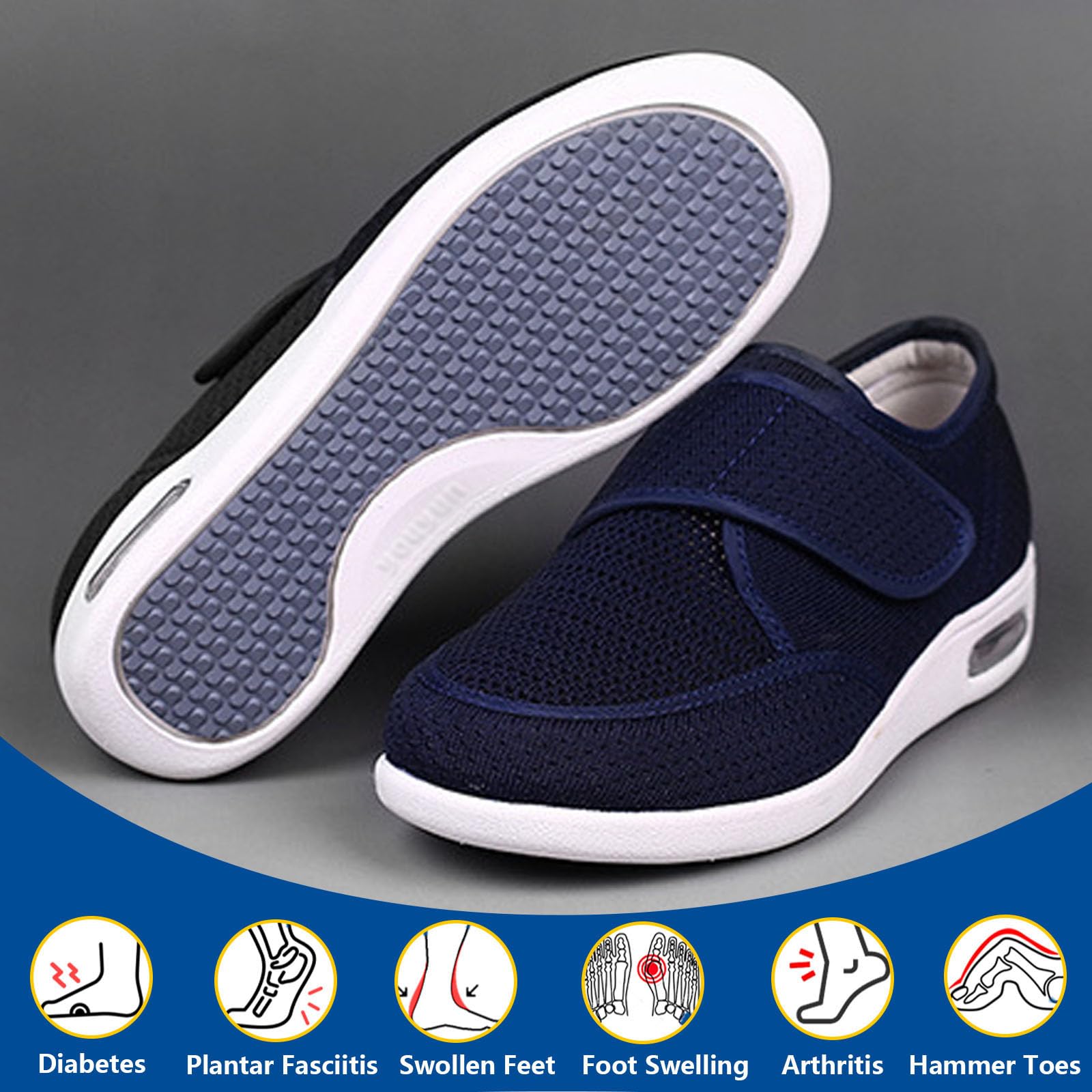 Hombres Mujer Ajustable Zapatos Turgente Pies,Pies Hinchados Calzado Antideslizante DiabéTico Zapatos Deportivos Casuales Ajustables Zapatos para Personas Mayores Zapatillas EU 42(27.5cm/10.8in)