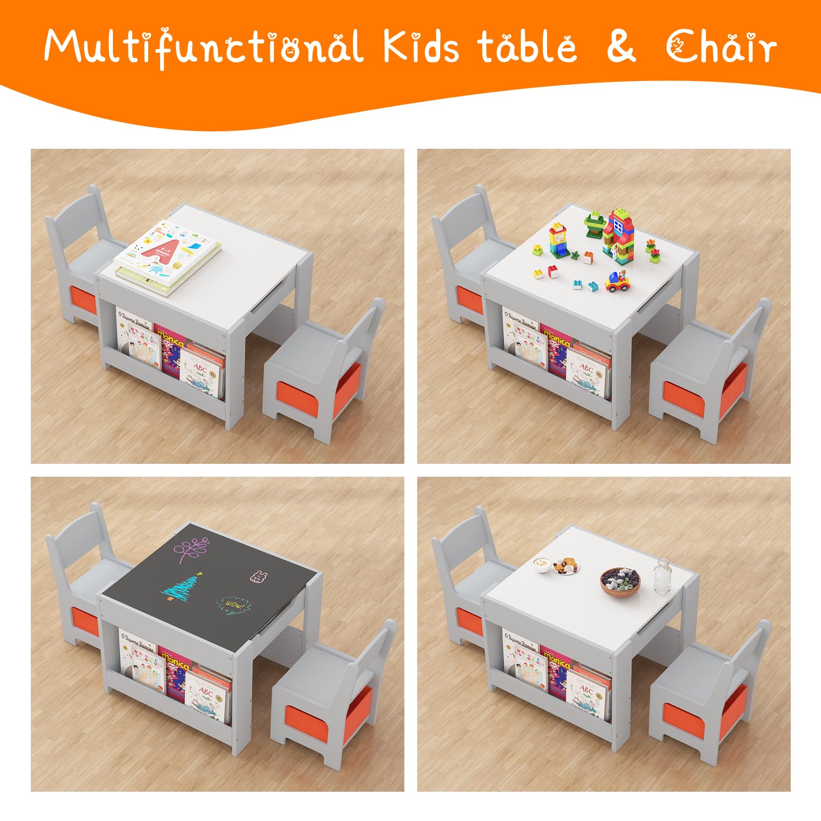 Garvee 4-in-1 Kindertisch und Stuhlset aus Holz – Multifunktional mit beidseitig nutzbarer Tischplatte (Tafel/Whiteboard), Bücherregalen, Schubladen und 2 Stühlen – Viel Stauraum für Kreativität im