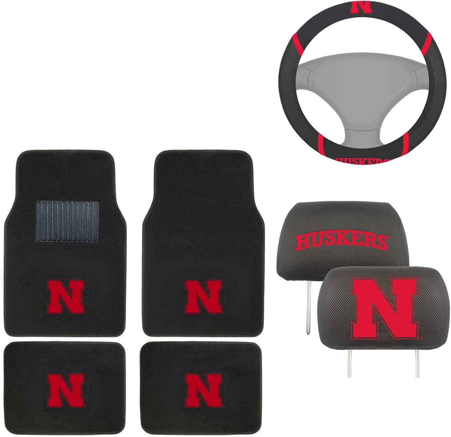 AAC FANMATS NCAA Carpet Floor Mats Bundle with Head Rests and Steering Wheel Cover for Nebraska Cornhuskers Fans Officially Licensed(7 Items)