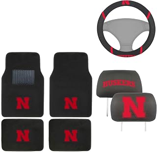 Aac FANMATS NCAA Carpet Floor Mats Bundle with Head Rests and Steering Wheel Cover for Nebraska Cornhuskers Fans Officially Licensed(7 Items)
