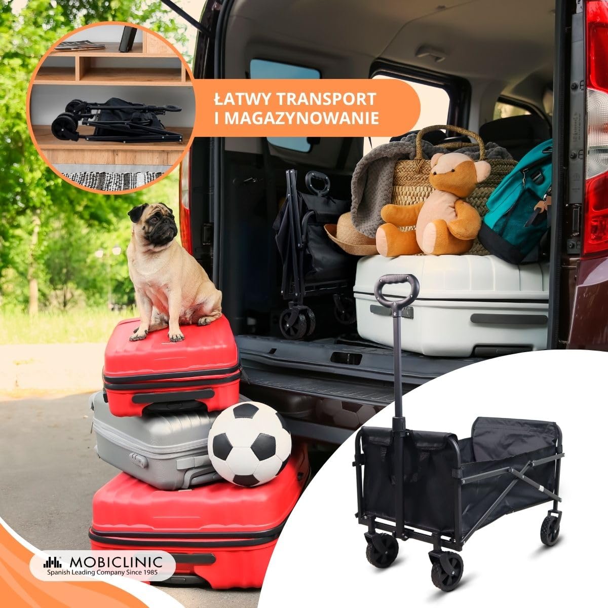 Mobiclinic®, Składany wózek transportowy, Na plażę i do ogrodu, Duna basic, Regulowana rączka, 360º terenowe koł, Nośność 80 kg, 71x47x50cm, Wodoodporny, Stal, Pcv, Czarny