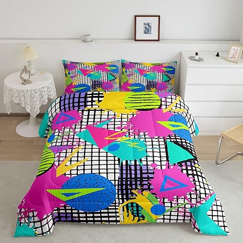 Miniatura 11 de Juego de edredón de estilo de moda de los años 80 y 90, tamaño Queen, patrón retro de estilo Memphis con formas geométricas, juego de ropa de cama