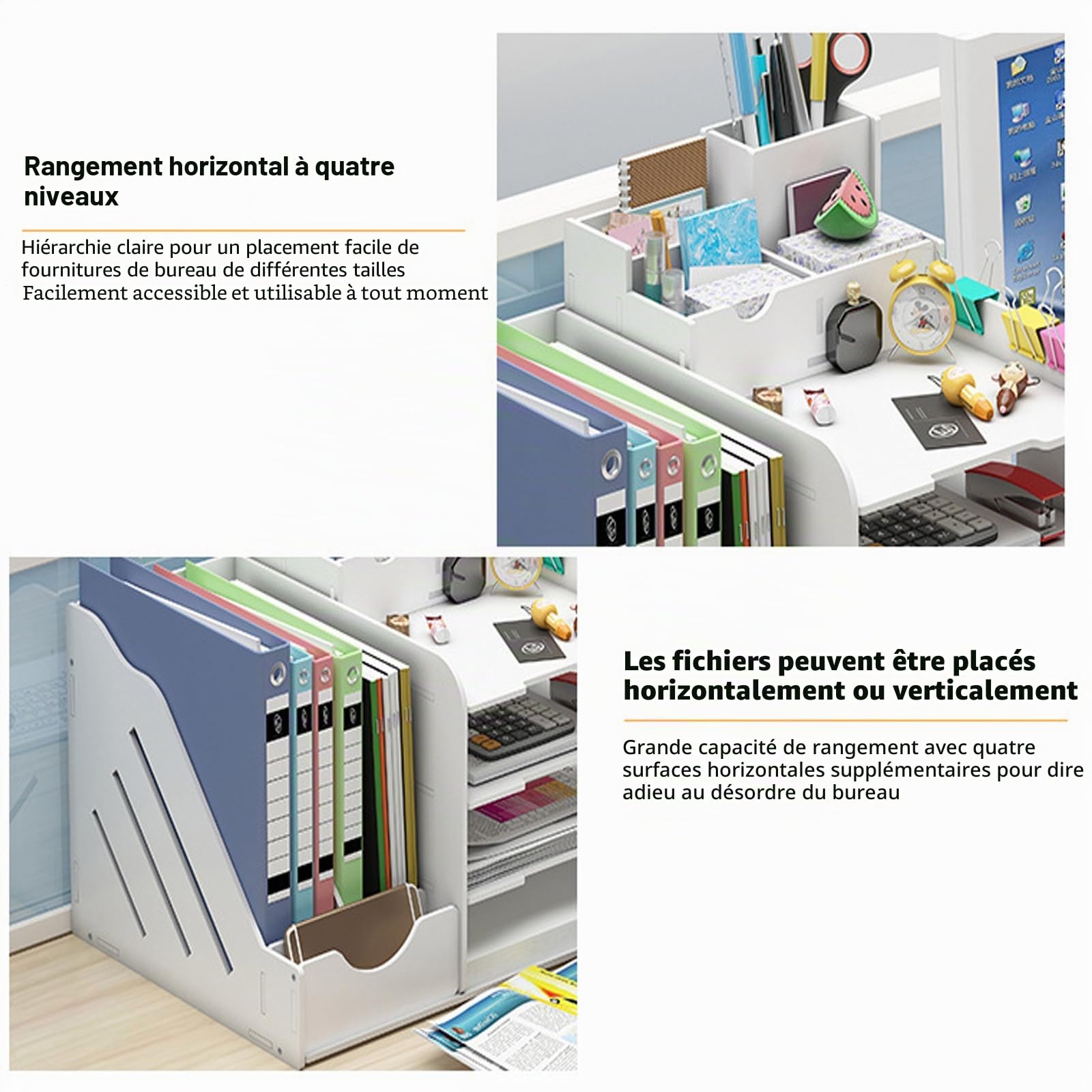Organisateur de Bureau Blanc Multifonction, Bureau Organisateur pour Papiers A4, Stylos, Livres, Lettres, Rangement de Documents & Fournitures de Bureau, Design Modulable pour Bureau & Étude