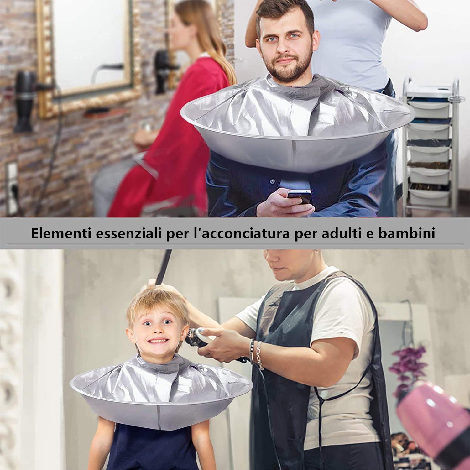 Voarge Mantellina Parrucchiere, Vestiti da parrucchiere tintura parrucchiere taglio di capelli mantello tridimensionale traspirante panno, Adulti e Ragazzo, Grigio Argento