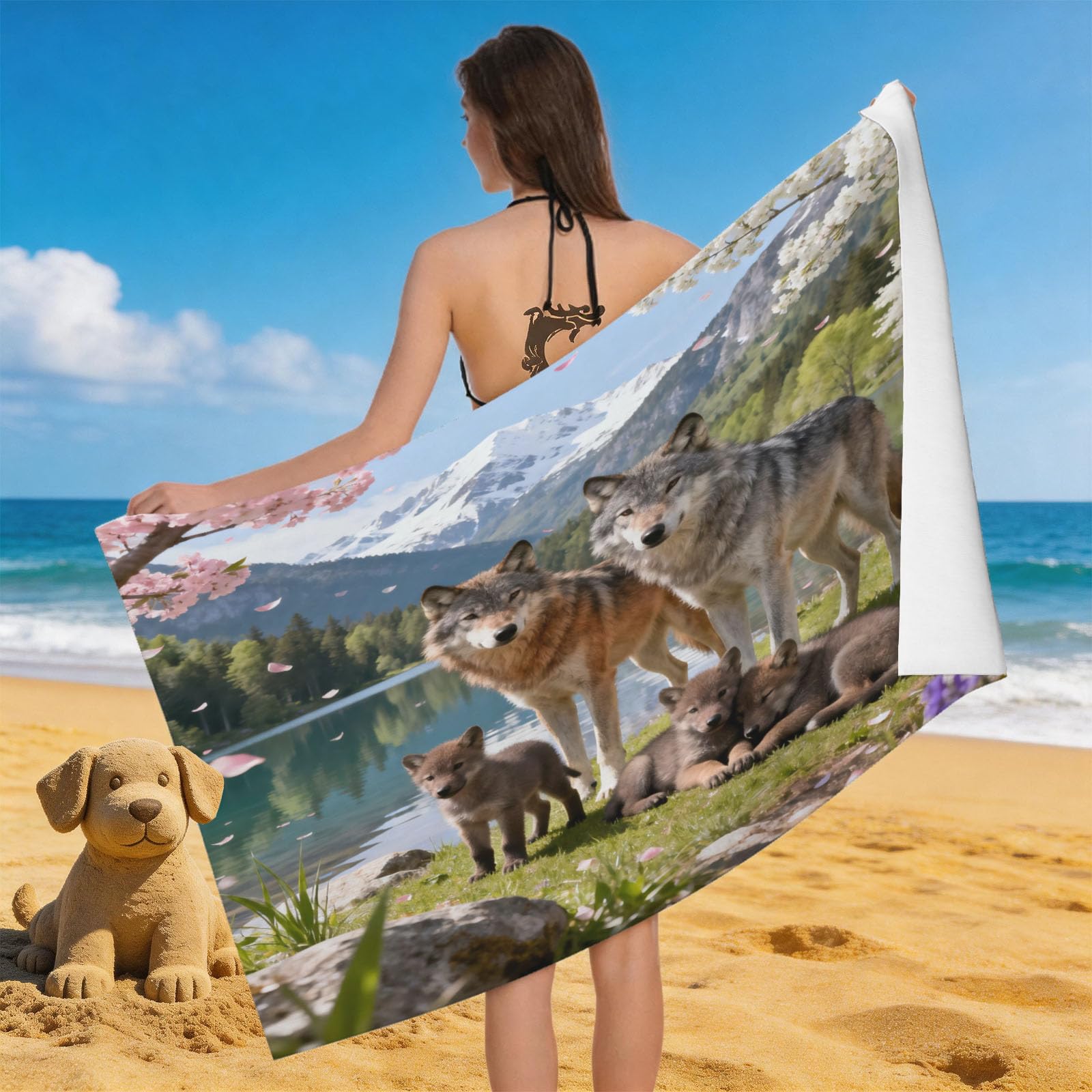Leichong 3D Cartoon Wolf Beach Towel Microfiber Soft Quick Dry for Adults, Snow Mountain Lake Bath Towel Lightweight Soft Absorbent for Travel Swimming Pool Sports, 75 x 150 cm