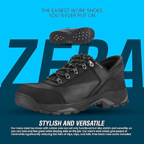 Vista 4 de ZEBA Zapatos con punta de acero manos libres para hombres, zapatos de trabajo con punta de acero plegables para hombres