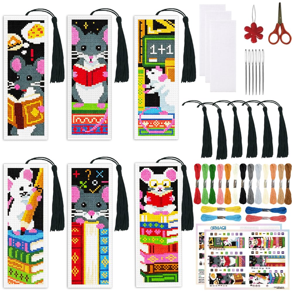 ORIGACH 6 Set Bookish Reading Mouse Cross Stitch Bookmark Kit for Beginner