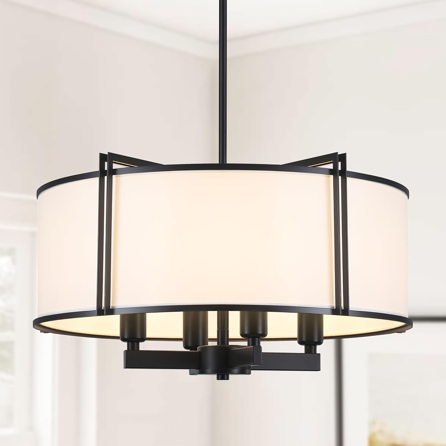 16.5'' Black Drum Chandelier 4-Light Modern White Fabric Chandeliers for Dining Room Adjustable Farmhouse Pendant Light Fixture for Kitchen Island Living Room Bedroom