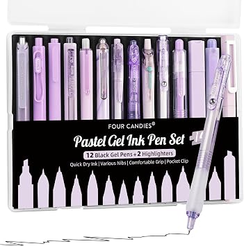 Four Candies 12Pack Pastel Gel Ink Pen Set + 14PCS Pen Set Purple with Case