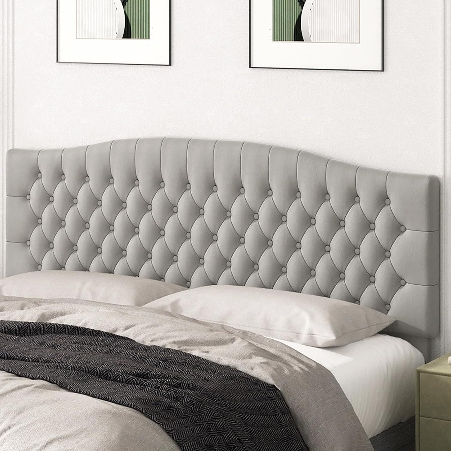 King Headboard Only, Upholstered Head Board for Adjustable Bed Velvet Tufted Cal King Size Wall Mounted Headboard with Solid Wood Legs Head Board, Light Warm Gray/Taupe