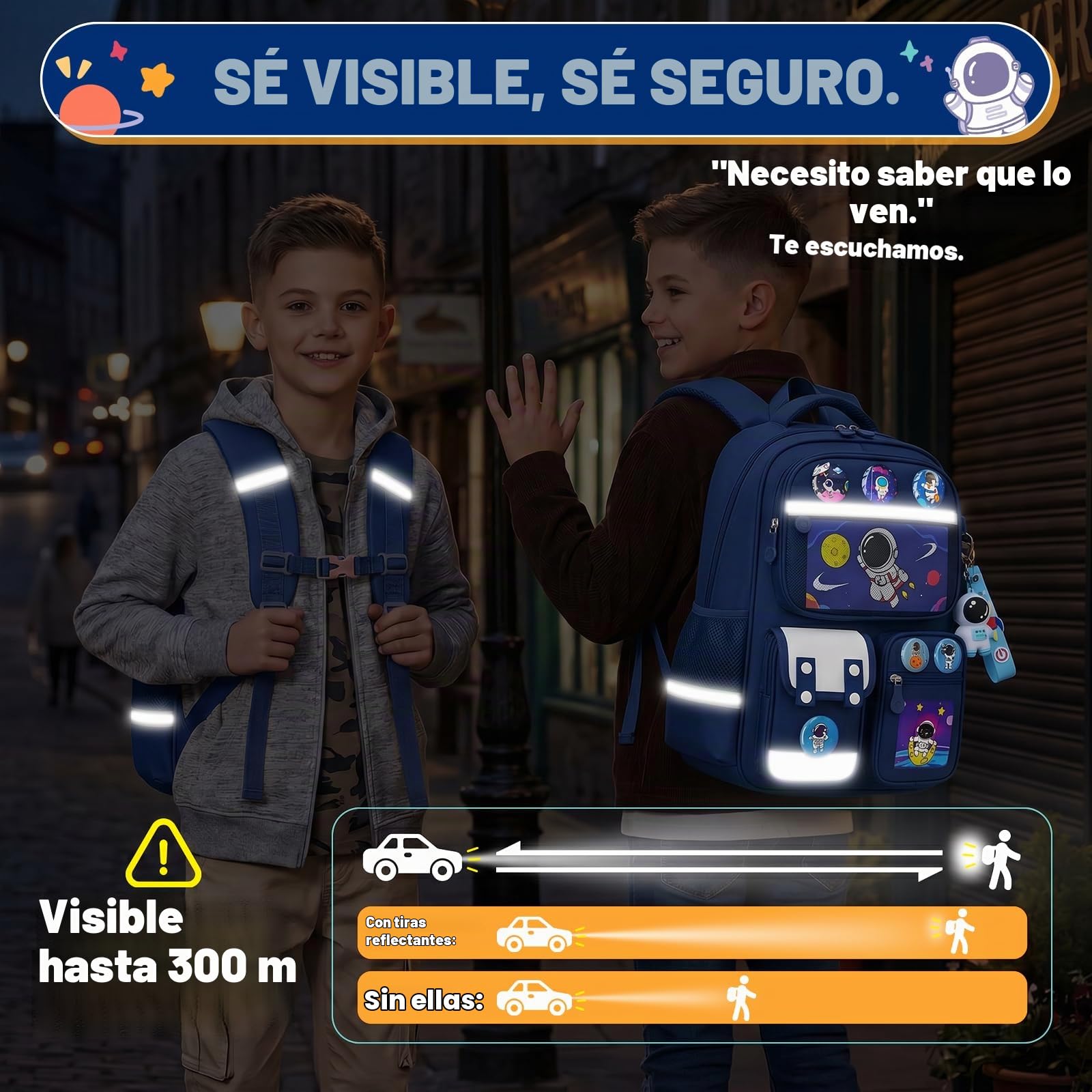 Amythe Mochila Niño 8-12 Años Primaria – Mochila Ergonómica Ligera con Bandas Reflectantes, Compartimento A4, Oxford 300D – Diseño Astronauta – Regalo Vuelta al Cole -Azul