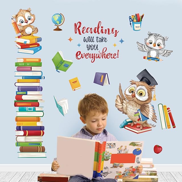wondever Reading Corner Wall Stickers Owl Books Inspirational Educational Quote Peel and Stick Wall Art Decals for Kids Bedroom Classroom