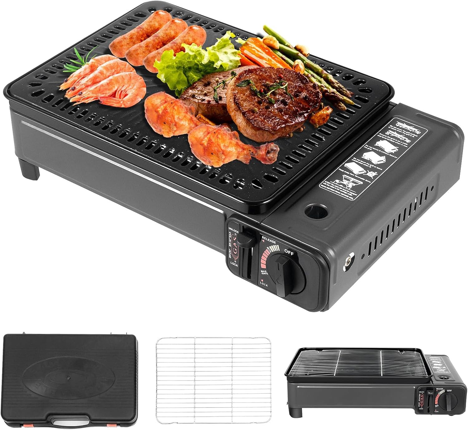 Barbecue a gas da campeggio, portatile, 2200 W, con borsa per il trasporto, protezione da sovratensione | Piastra per barbecue a gas portatile, fornello a gas da campeggio, fornello a gas con borsa per il trasporto
