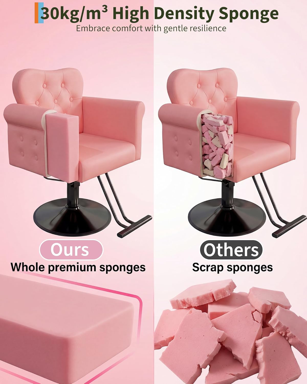 Garvee Salon Chair for Hair Stylist, PU Leather Barber Chair with 360° Swivel, Tufted Button, Metal Round Base, Hydraulic Lift, Supports Up to 330 Lbs, for Barbershop, Beauty Spa, Home, Pink
