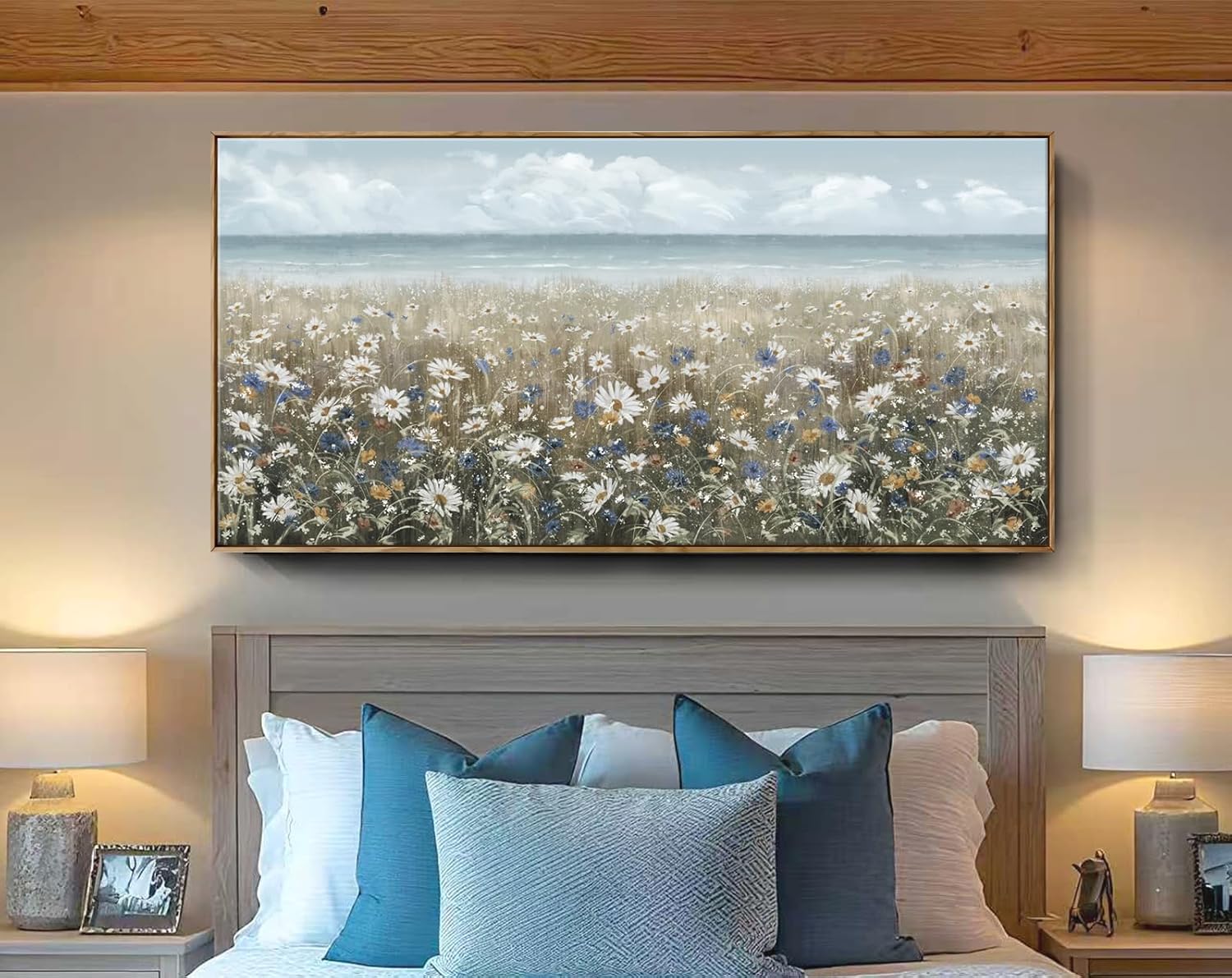 amatop Large Wall Art for Living Room Framed Boho Beach Coastal Floral Ocean Wall Picture Farmhouse Daisy Flower Sea Canvas Print Nautical Neutral Vintage Warm Artwork Home Bedroom Office Decor 48x24