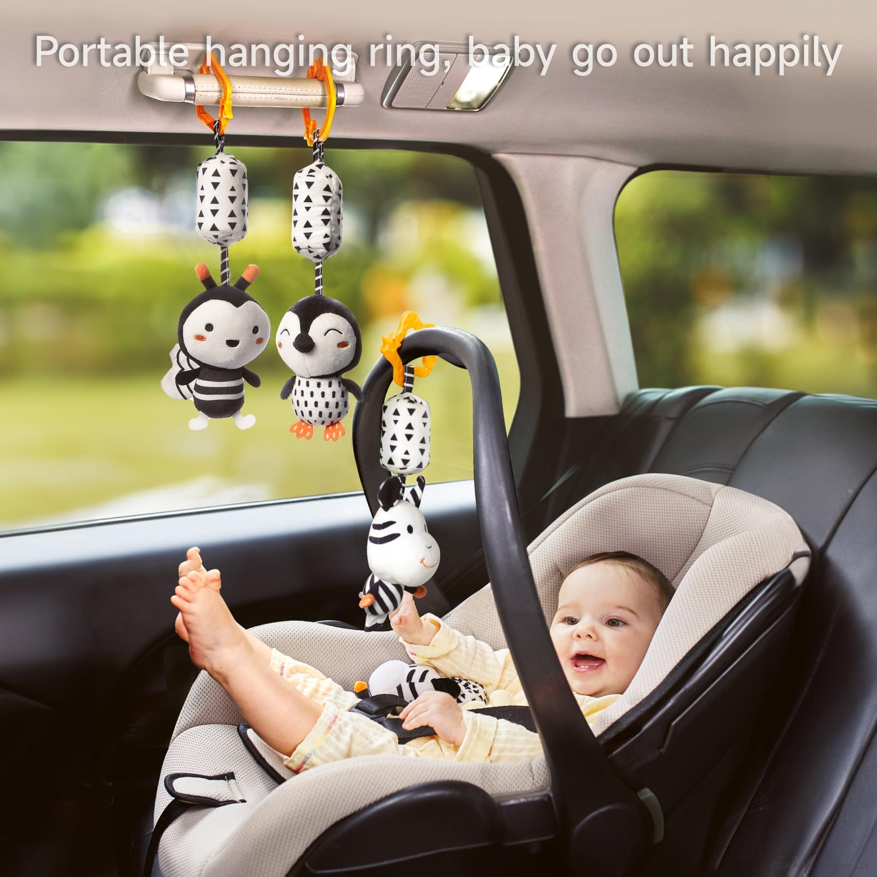TUMAMA Jouet Poussette Bébé 0 3 6 9 12 Mois, Jouet Hochet À Suspendre pour Berceau Siège Auto - 4 Pièces Animaux Noir Blanc Hochet Cadeau Nouveau-Né Bambin